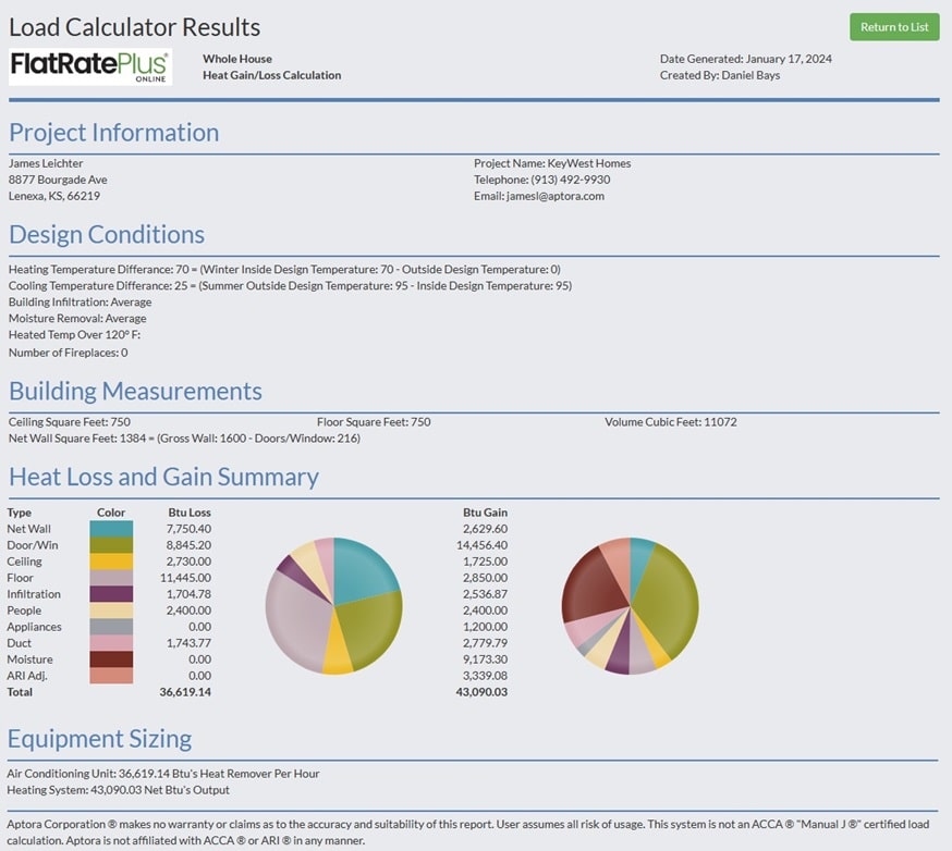 HVAC Load Calculation report preview showing details of where heat is gained and where heat is lost in the building.