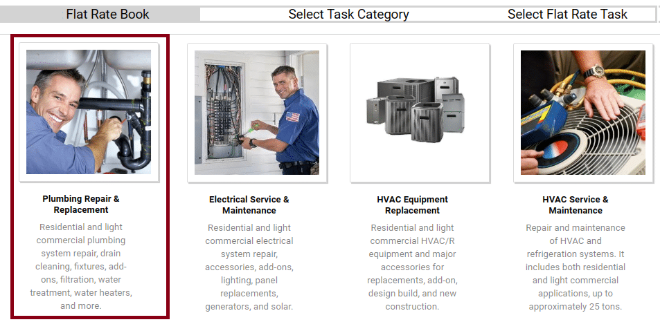 Invoice Software for Plumbing - An image of a plumbing flat rate pricing book showing a plumber on a service call.