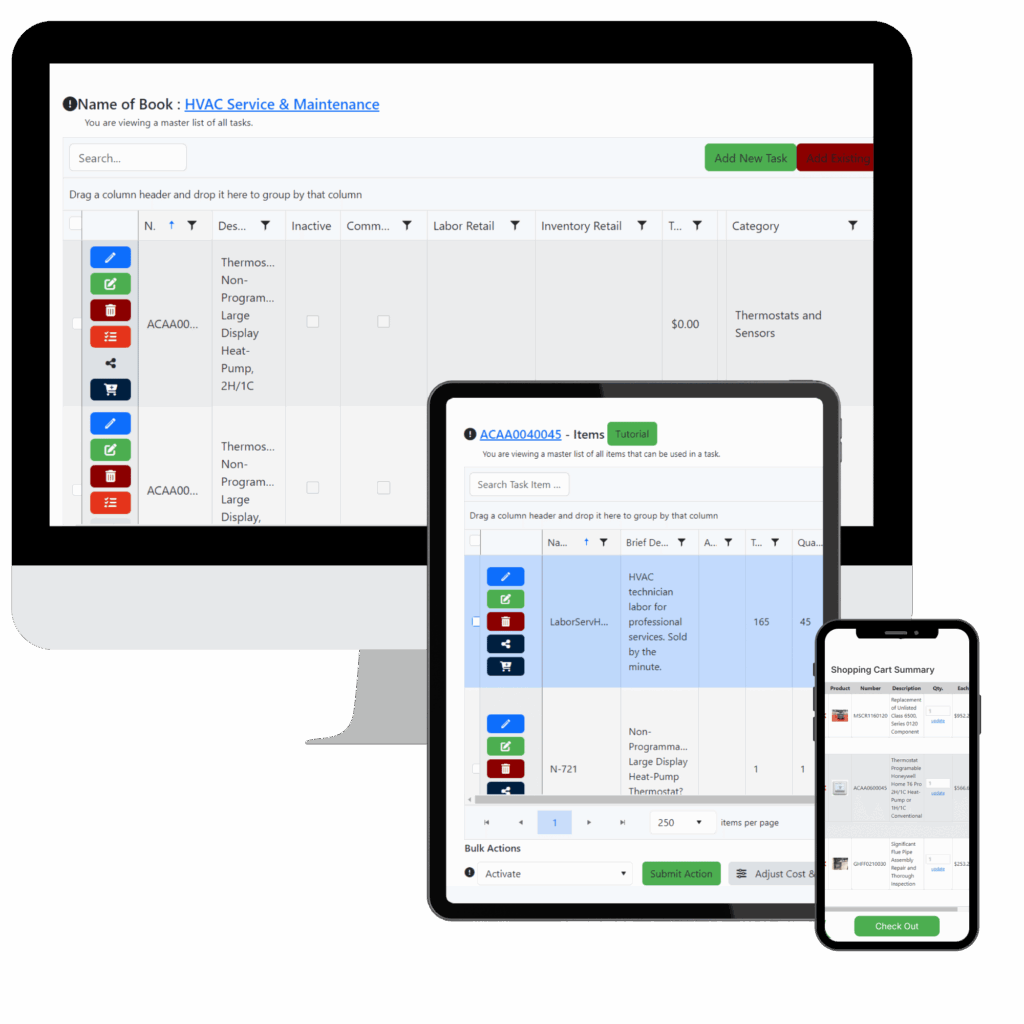 A computer, tablet, and phone displaying different HVAC flat rate workflow screens.
